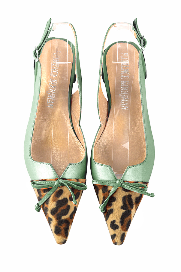 Safari black and mint green women's open back shoes, with a knot. Pointed toe. Flat flare heels. Top view - Florence KOOIJMAN